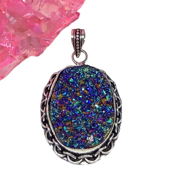 Artisan Jewelry - Titanium Druzy Necklace Pendant 925 Sterling Silver Overlay Natural Rough Stone
